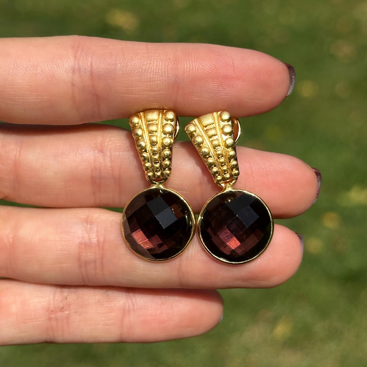 Yellow Gold-Plated Bubbled Post Drop Earrings + Red Round Checkerboard Gemstones