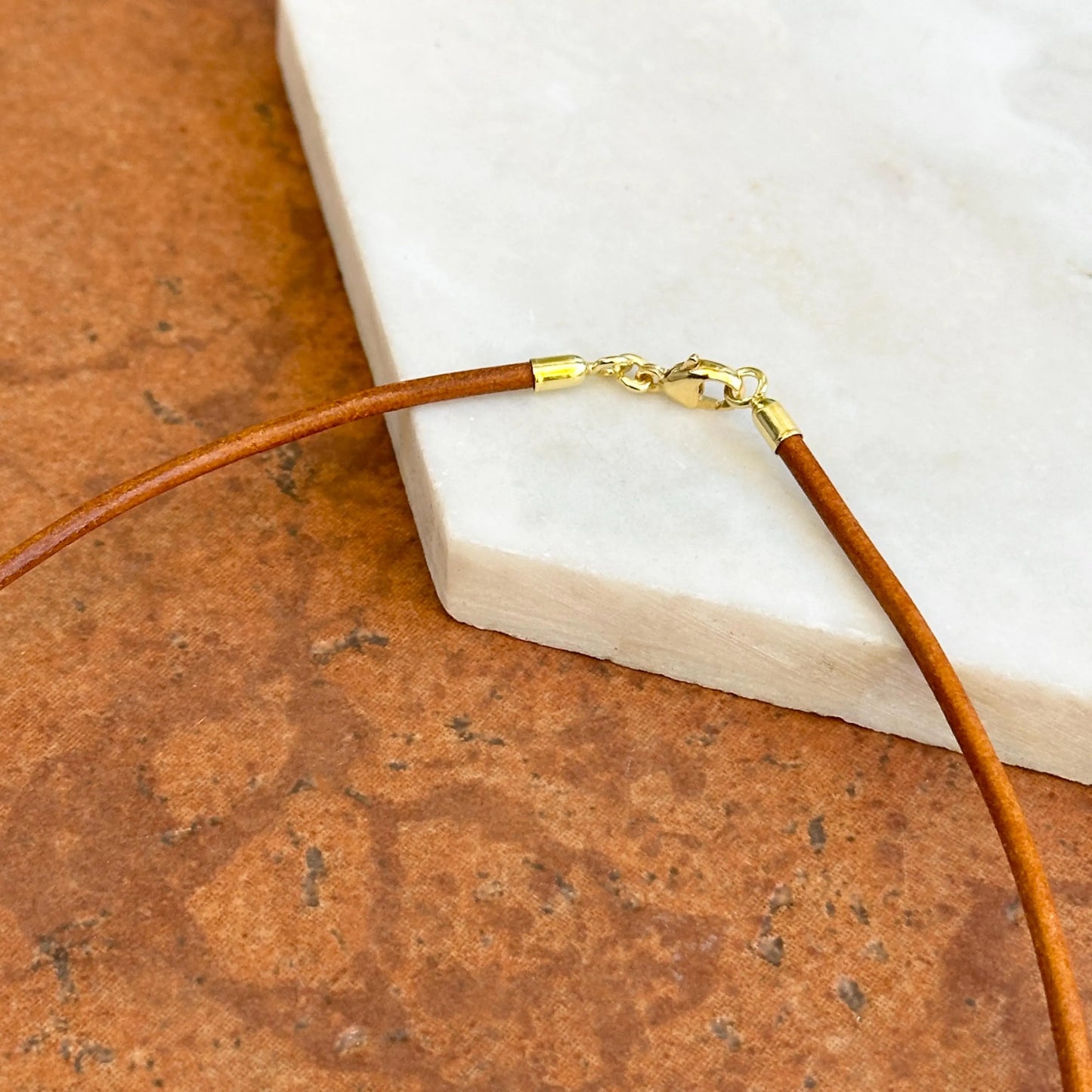 14KT Yellow Gold Tan Brown Leather Cord Necklace