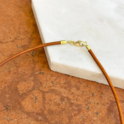 14KT Yellow Gold Tan Brown Leather Cord Necklace
