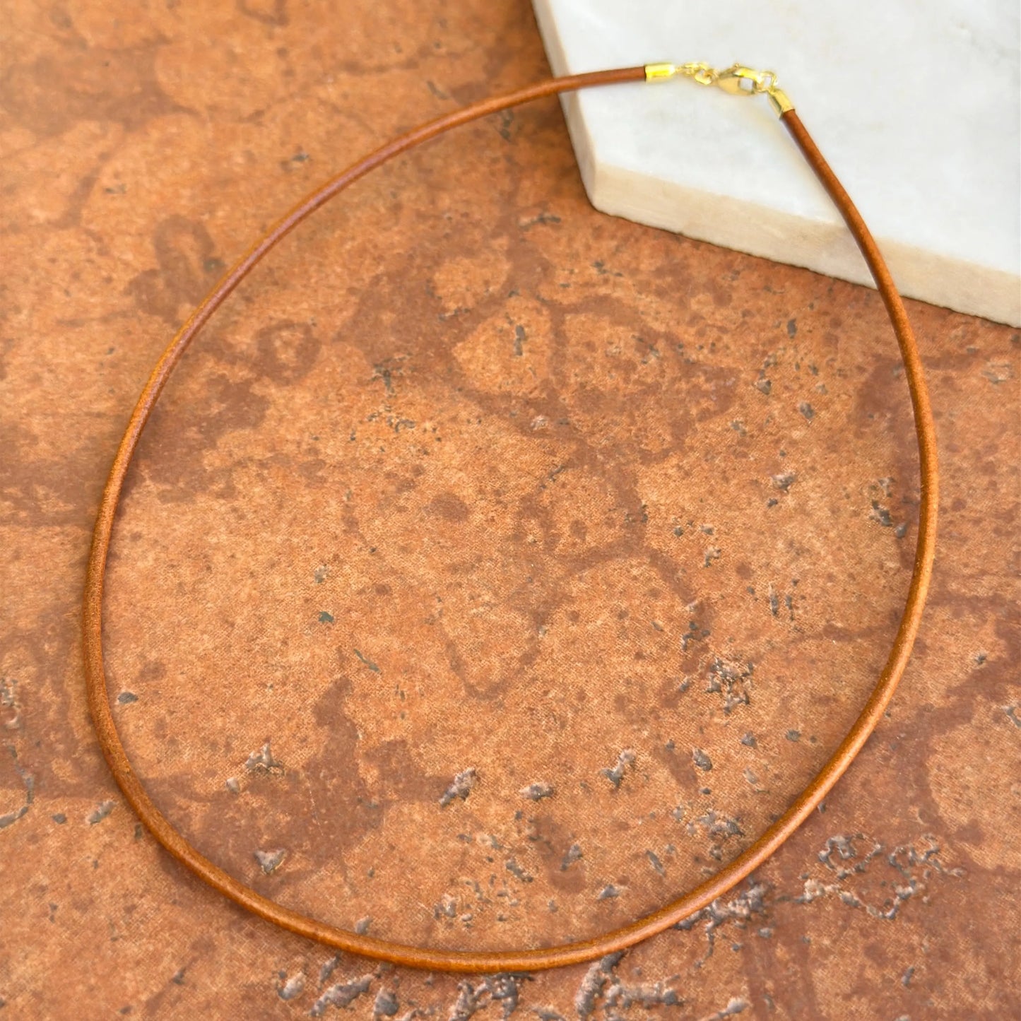 14KT Yellow Gold Tan Brown Leather Cord Necklace