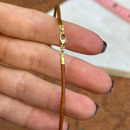 14KT Yellow Gold Tan Brown Leather Cord Necklace