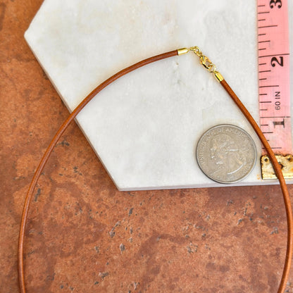 14KT Yellow Gold Tan Brown Leather Cord Necklace