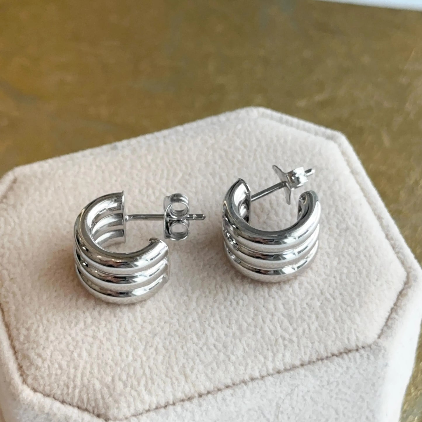 Sterling Silver Ribbed Chunky C-Shape Hoop Earrings Statement