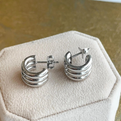 Sterling Silver Ribbed Chunky C-Shape Hoop Earrings Statement