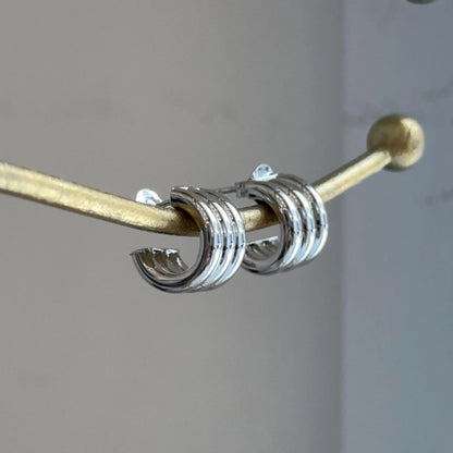 Sterling Silver Ribbed Chunky C-Shape Hoop Earrings Statement