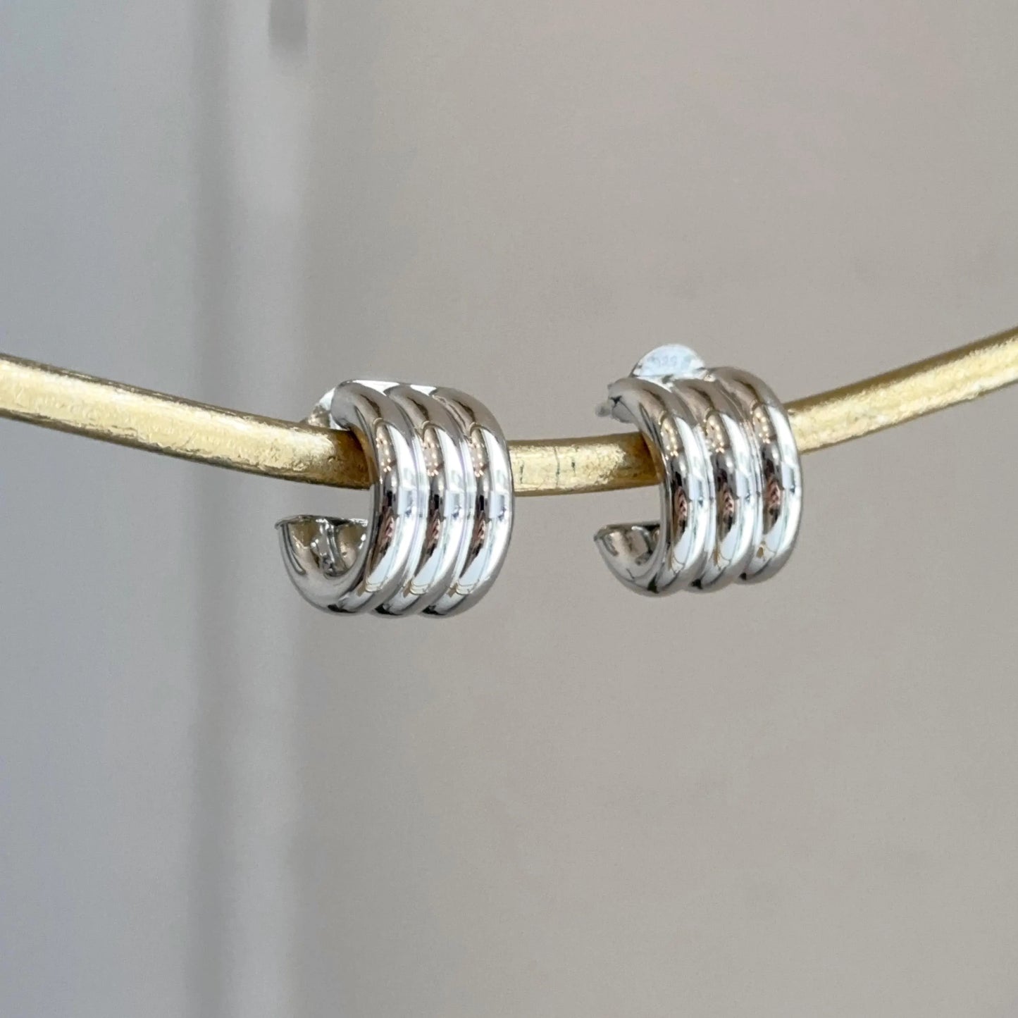 Sterling Silver Ribbed Chunky C-Shape Hoop Earrings Statement