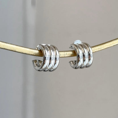 Sterling Silver Ribbed Chunky C-Shape Hoop Earrings Statement