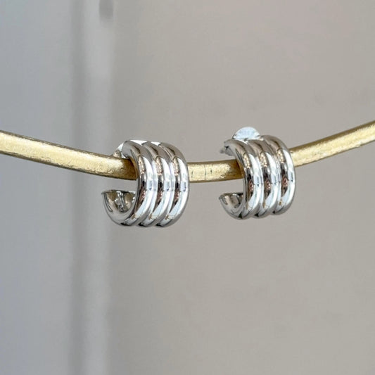 Sterling Silver Ribbed Chunky C-Shape Hoop Earrings Statement