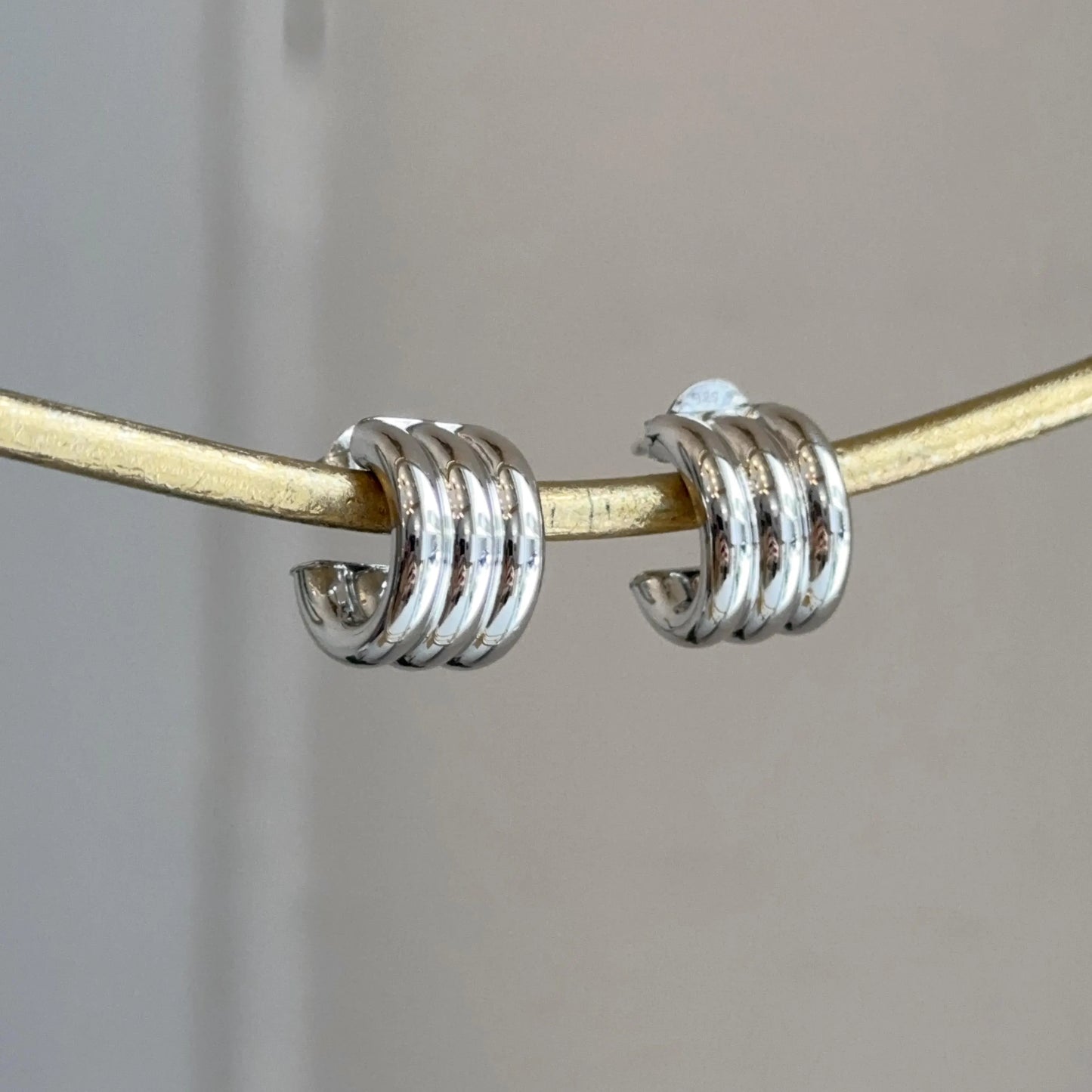 Sterling Silver Ribbed Chunky C-Shape Hoop Earrings Statement