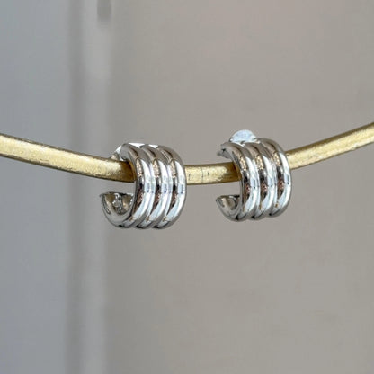 Sterling Silver Ribbed Chunky C-Shape Hoop Earrings Statement