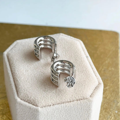 Sterling Silver Ribbed Chunky C-Shape Hoop Earrings Statement