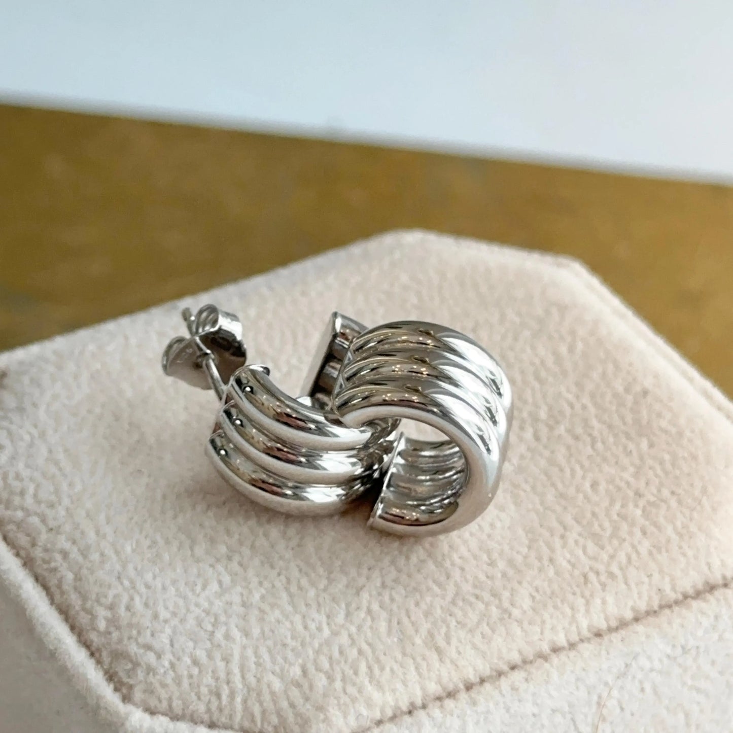 Sterling Silver Ribbed Chunky C-Shape Hoop Earrings Statement