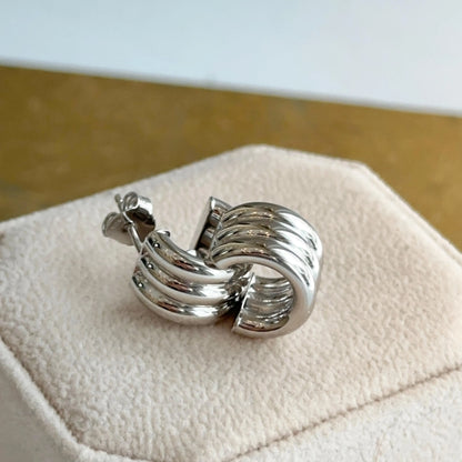 Sterling Silver Ribbed Chunky C-Shape Hoop Earrings Statement