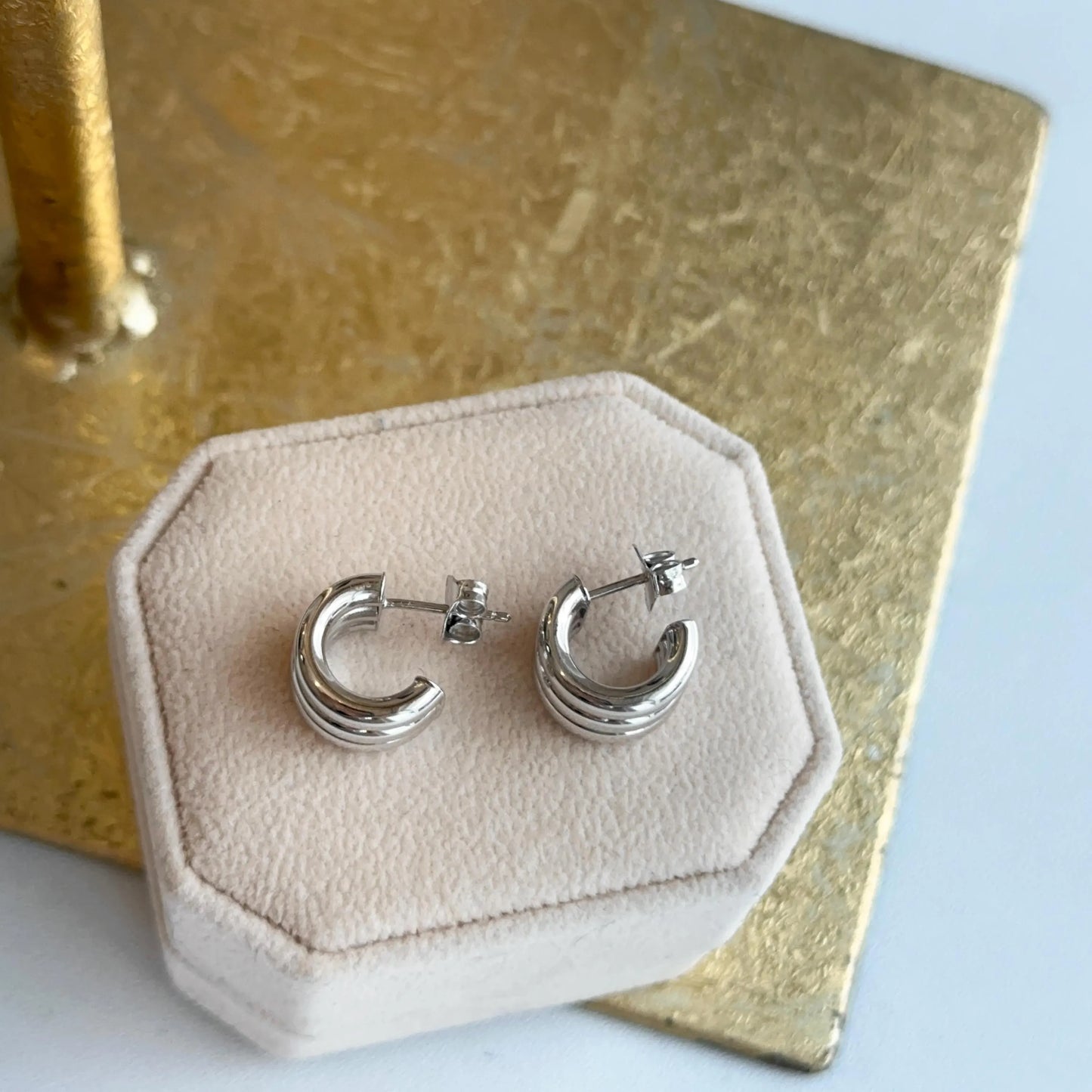 Sterling Silver Ribbed Chunky C-Shape Hoop Earrings Statement