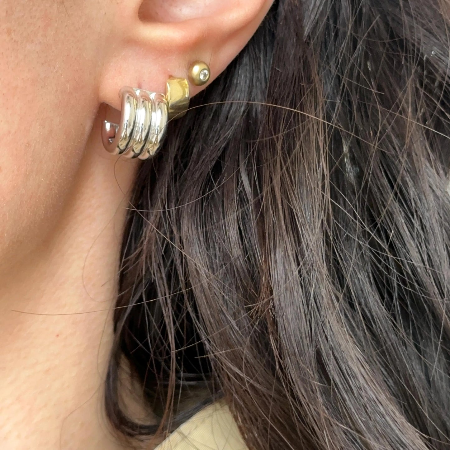 Sterling Silver Ribbed Chunky C-Shape Hoop Earrings Statement