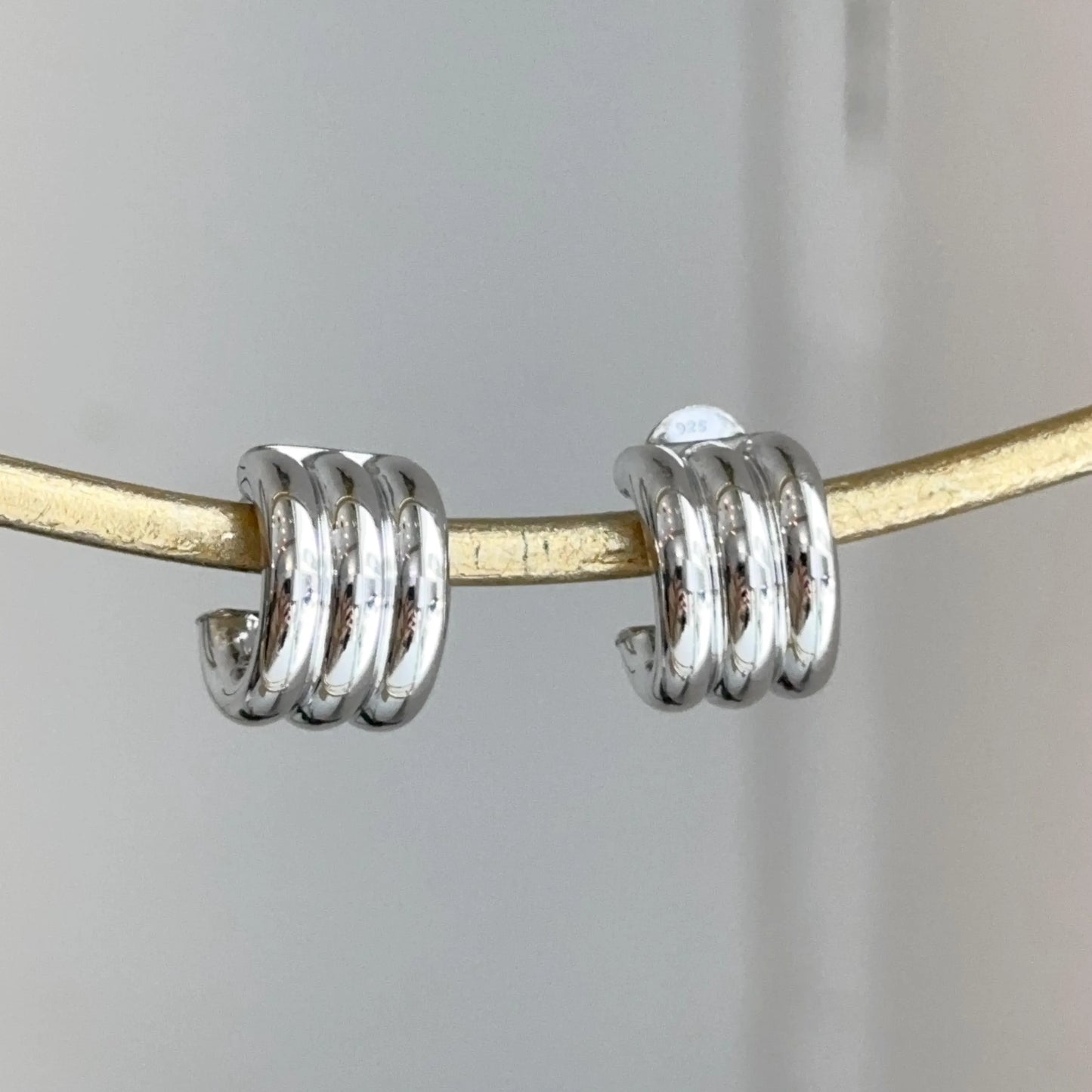 Sterling Silver Ribbed Chunky C-Shape Hoop Earrings Statement