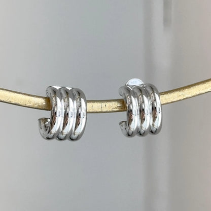 Sterling Silver Ribbed Chunky C-Shape Hoop Earrings Statement