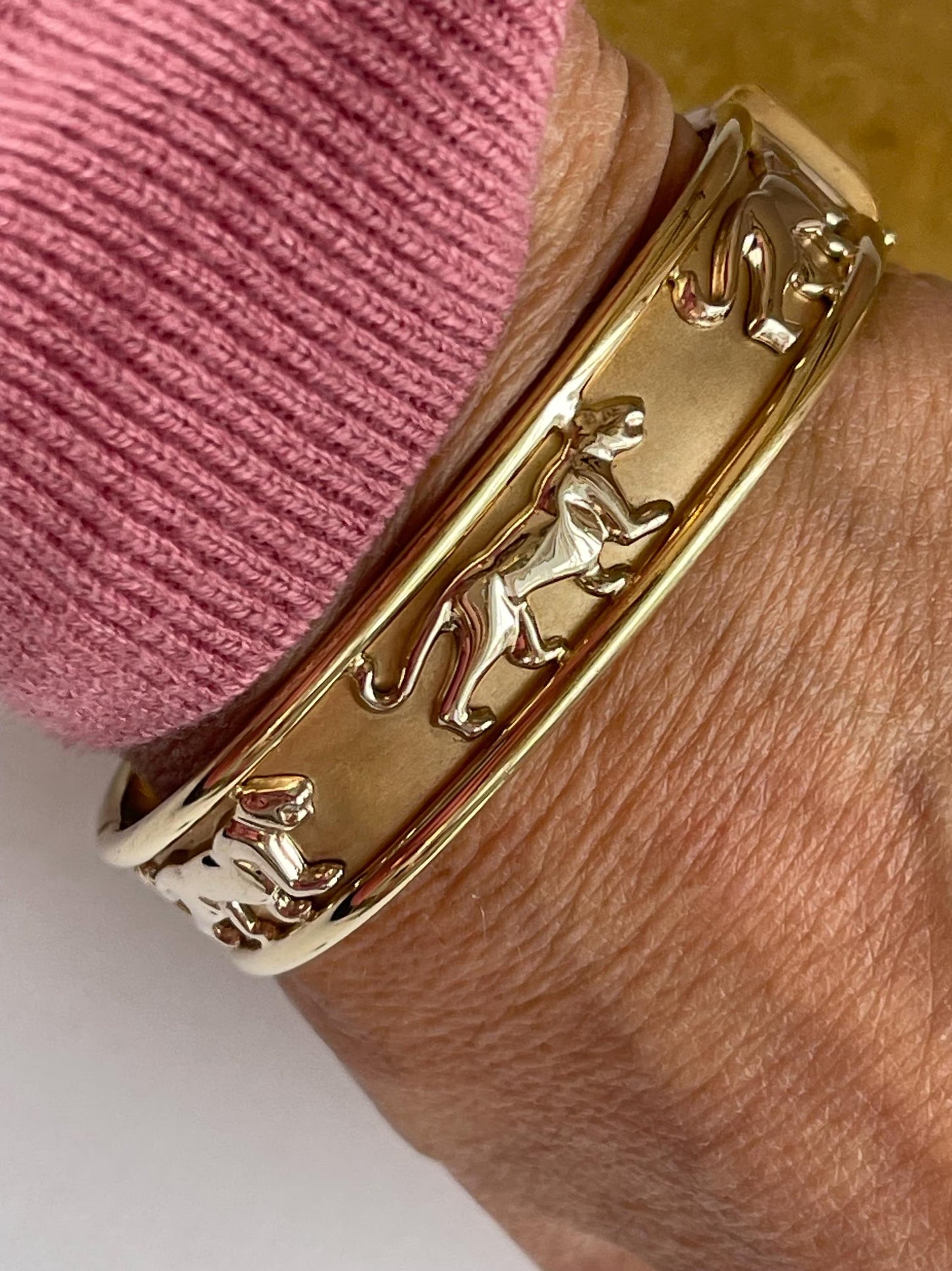 Estate 14KT Yellow + White Gold Panther Cat Bangle Bracelet
