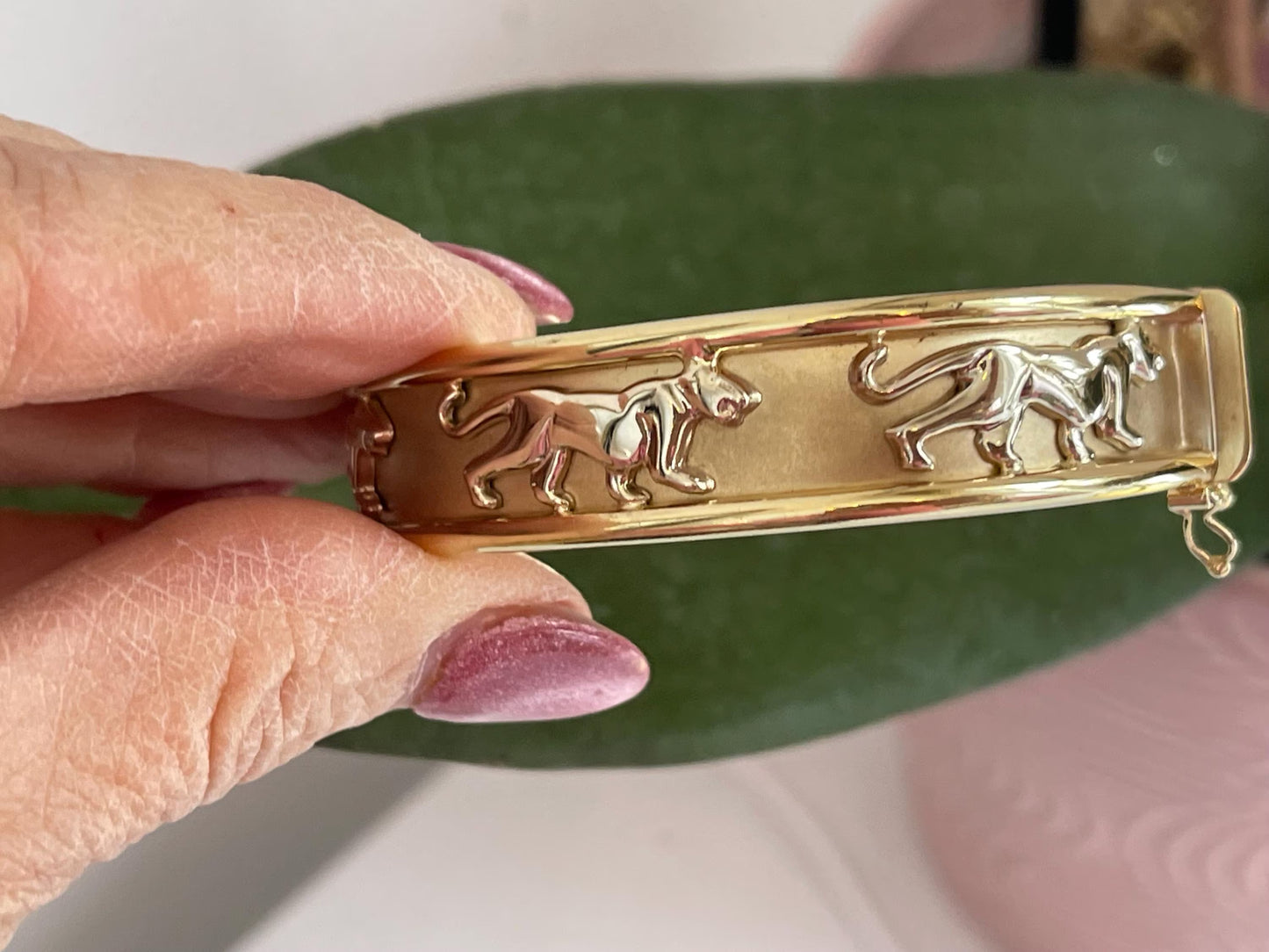 Estate 14KT Yellow + White Gold Panther Cat Bangle Bracelet