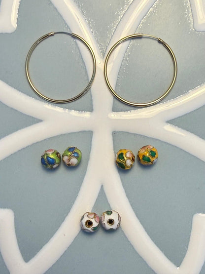 Yellow Gold-Plated Endless Hoop Earrings + (3) Sets of Removable Beads