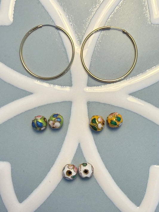 Yellow Gold-Plated Endless Hoop Earrings + (3) Sets of Removable Beads