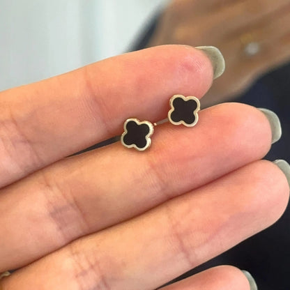 14KT Yellow Gold Black Onyx 4 Leaf Clover Stud Earrings 7mm