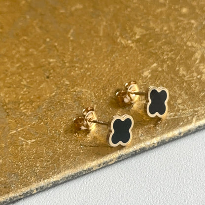 14KT Yellow Gold Black Onyx 4 Leaf Clover Stud Earrings 7mm