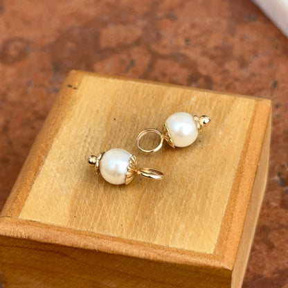 Estate 14KT Yellow Gold White Round Mini Pearl Detailed Dangle Earring Charms 7mm