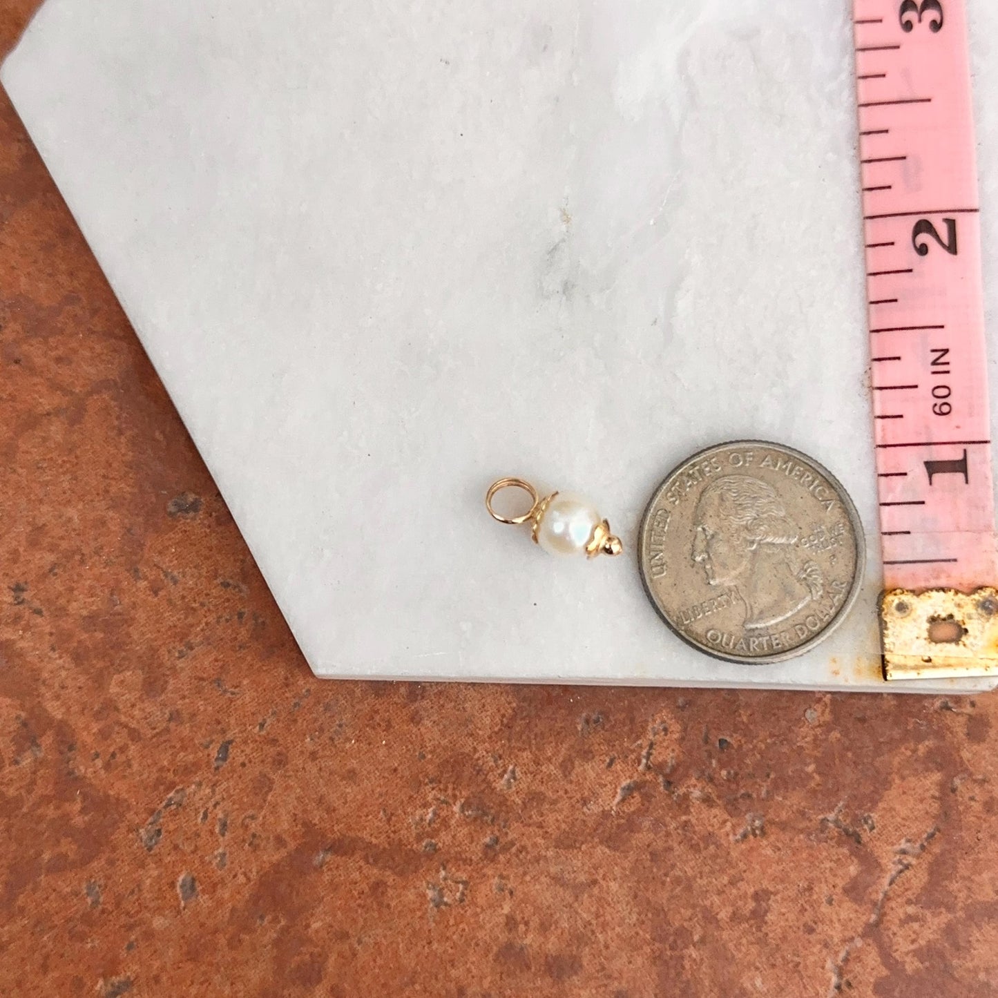 Estate 14KT Yellow Gold White Round Mini Pearl Detailed Dangle Earring Charms 7mm