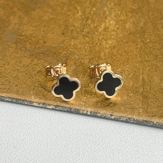14KT Yellow Gold Black Onyx 4 Leaf Clover Stud Earrings 7mm