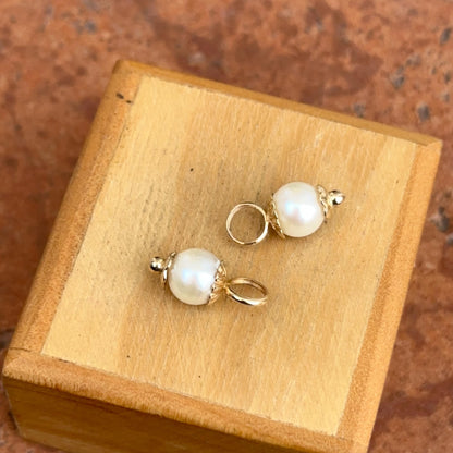 Estate 14KT Yellow Gold White Round Mini Pearl Detailed Dangle Earring Charms 7mm