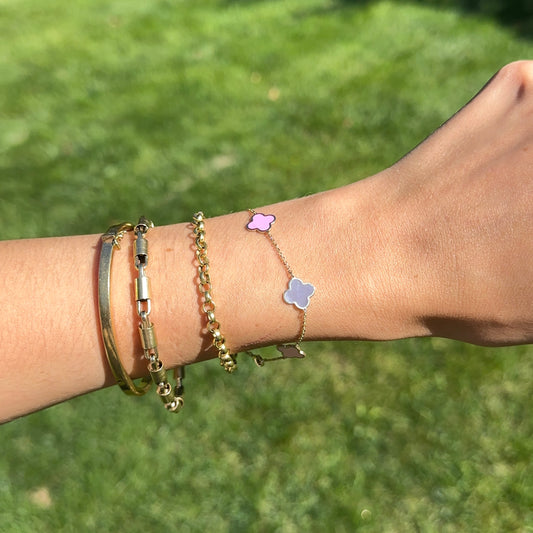 14KT Yellow Gold Pink Enamel + Mother of Pearl Clover Station Chain Bracelet