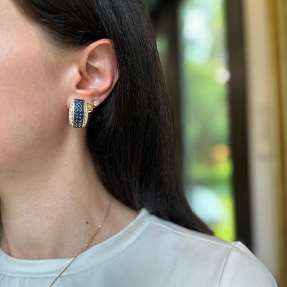 Estate 18KT Yellow Gold Square Sapphire + Round Diamond Clip-On Earrings