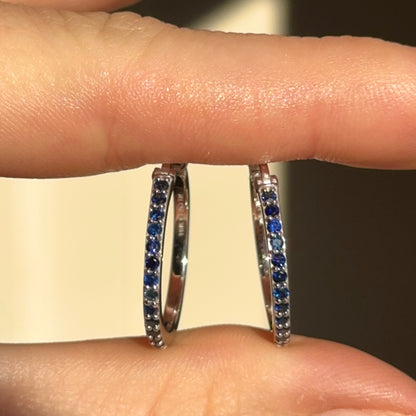 10KT White Gold Round Blue Sapphires Prong-Set Snap Back Hoop Earrings