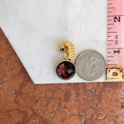 Yellow Gold-Plated Bubbled Post Drop Earrings + Red Round Checkerboard Gemstones