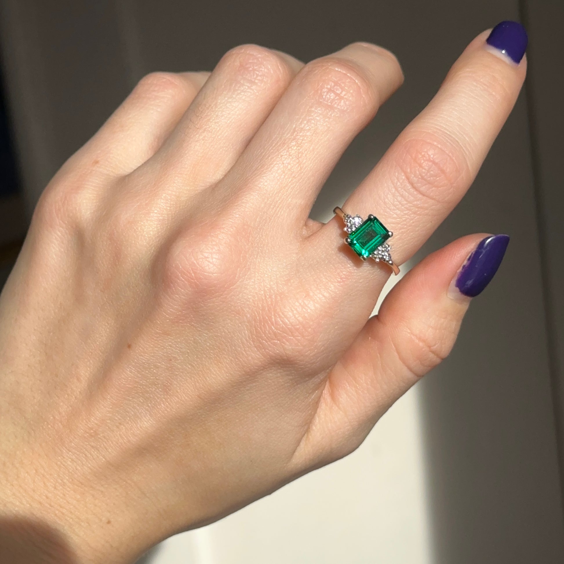 Estate 10KT Yellow Gold Emerald-Cut Lab Created Emerald + Round Diamond Ring - LSJ