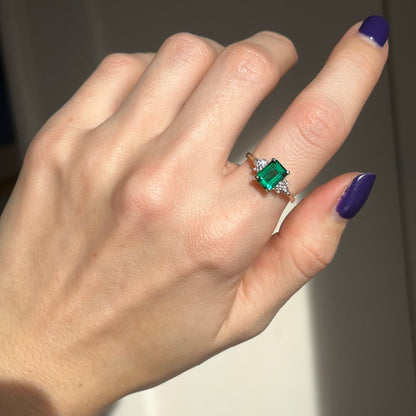 Estate 10KT Yellow Gold Emerald-Cut Lab Created Emerald + Round Diamond Ring - LSJ