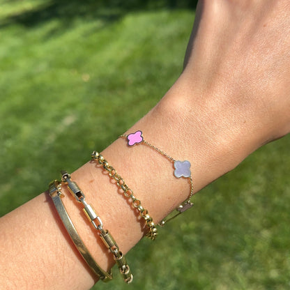14KT Yellow Gold Pink Enamel + Mother of Pearl Clover Station Chain Bracelet
