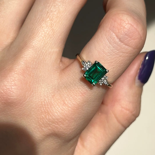 Estate 10KT Yellow Gold Emerald-Cut Lab Created Emerald + Round Diamond Ring - LSJ