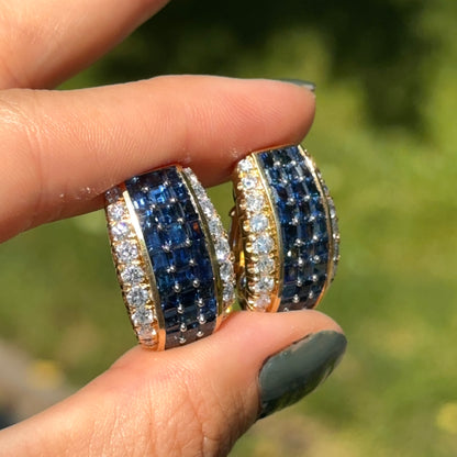Estate 18KT Yellow Gold Square Sapphire + Round Diamond Clip-On Earrings
