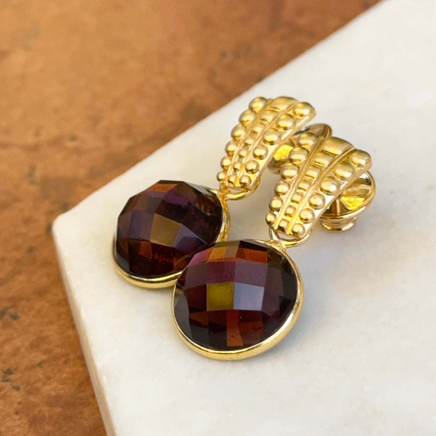 Yellow Gold-Plated Bubbled Post Drop Earrings + Red Round Checkerboard Gemstones