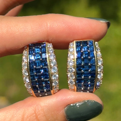 Estate 18KT Yellow Gold Square Sapphire + Round Diamond Clip-On Earrings