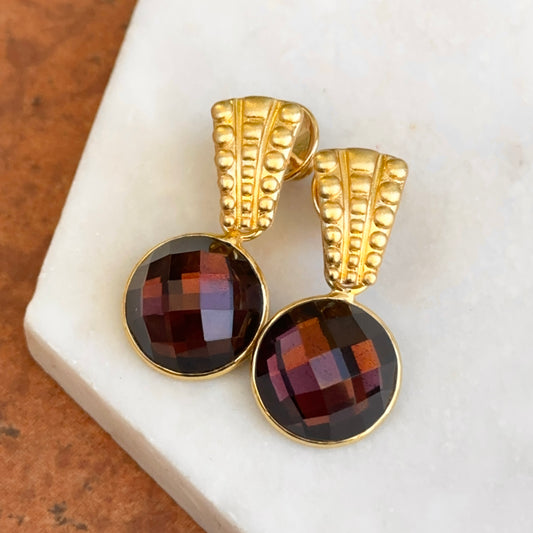 Yellow Gold-Plated Bubbled Post Drop Earrings + Red Round Checkerboard Gemstones