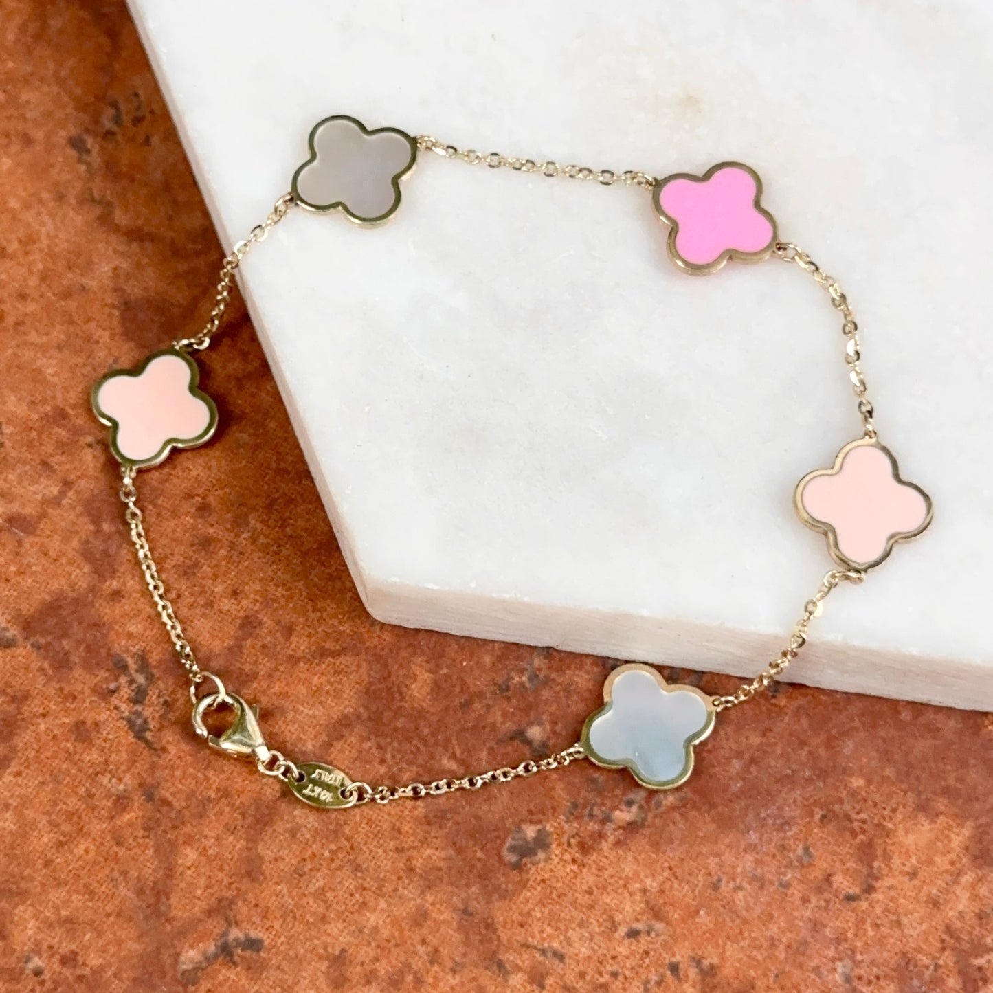 14KT Yellow Gold Pink Enamel + Mother of Pearl Clover Station Chain Bracelet