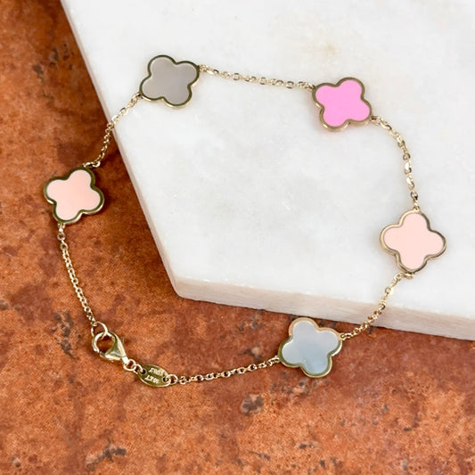 14KT Yellow Gold Pink Enamel + Mother of Pearl Clover Station Chain Bracelet