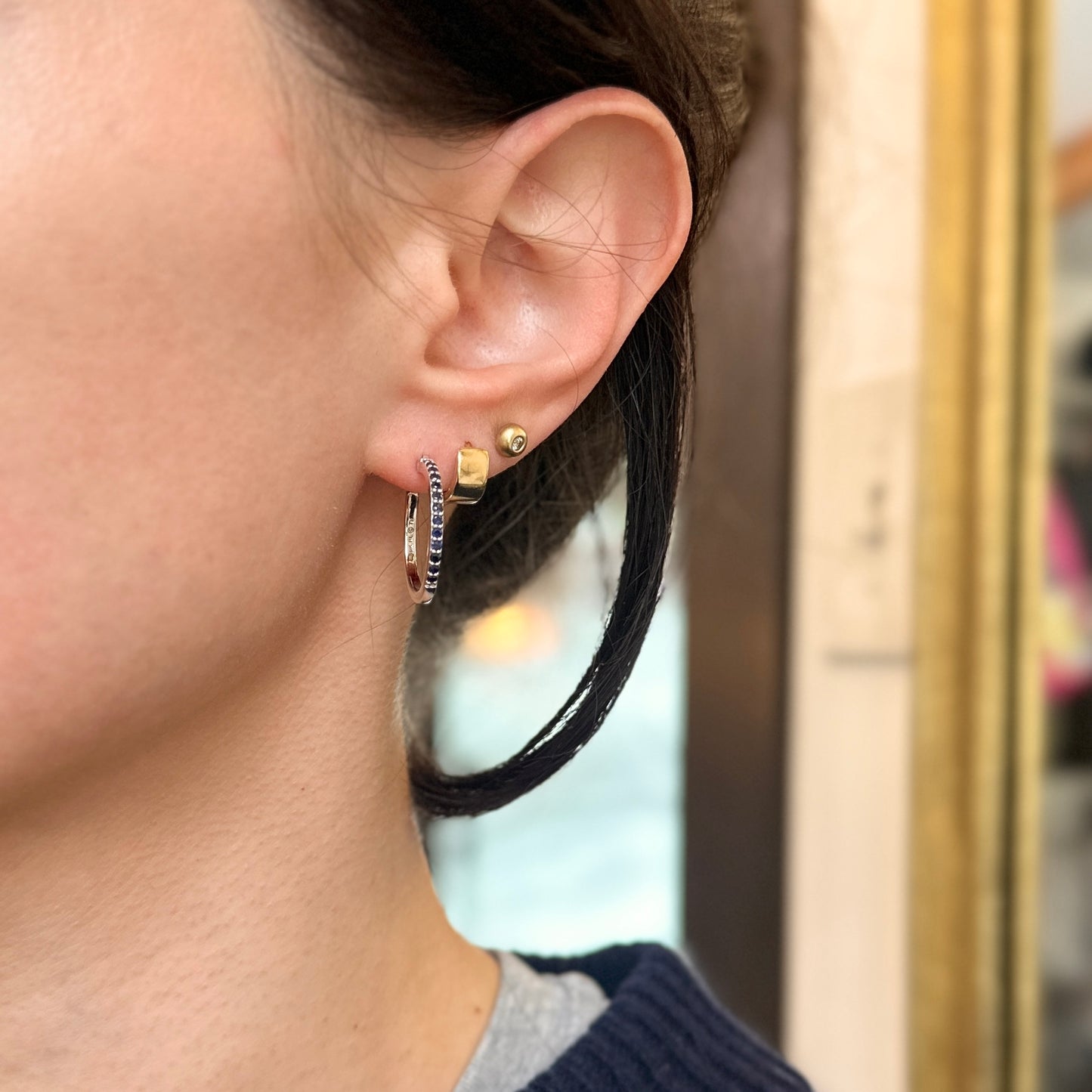 10KT White Gold Round Blue Sapphires Prong-Set Snap Back Hoop Earrings