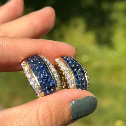 Estate 18KT Yellow Gold Square Sapphire + Round Diamond Clip-On Earrings