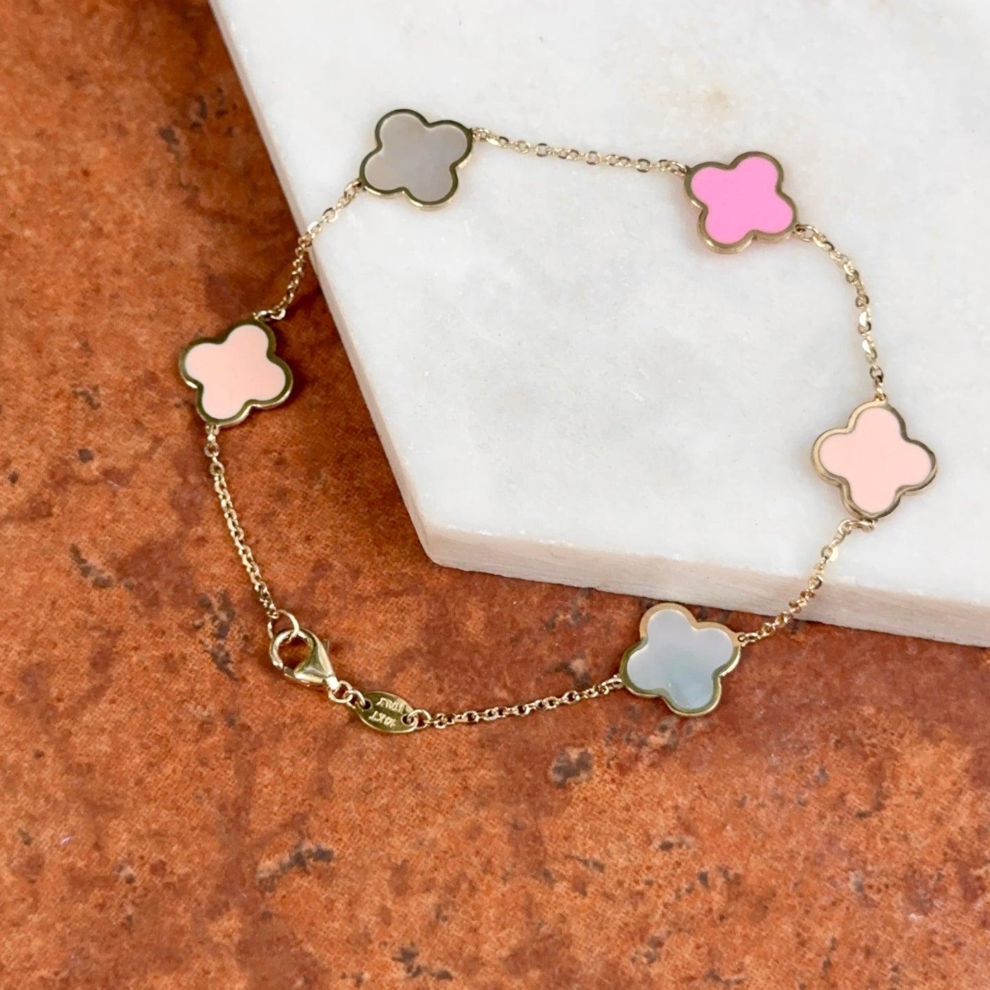 14KT Yellow Gold Pink Enamel + Mother of Pearl Clover Station Chain Bracelet