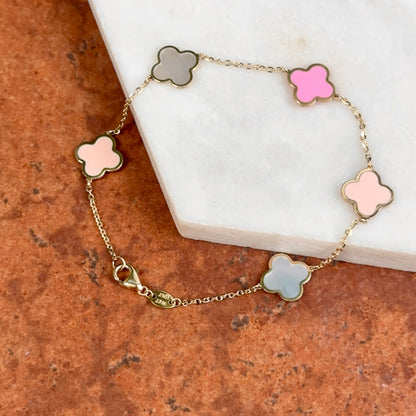 14KT Yellow Gold Pink Enamel + Mother of Pearl Clover Station Chain Bracelet