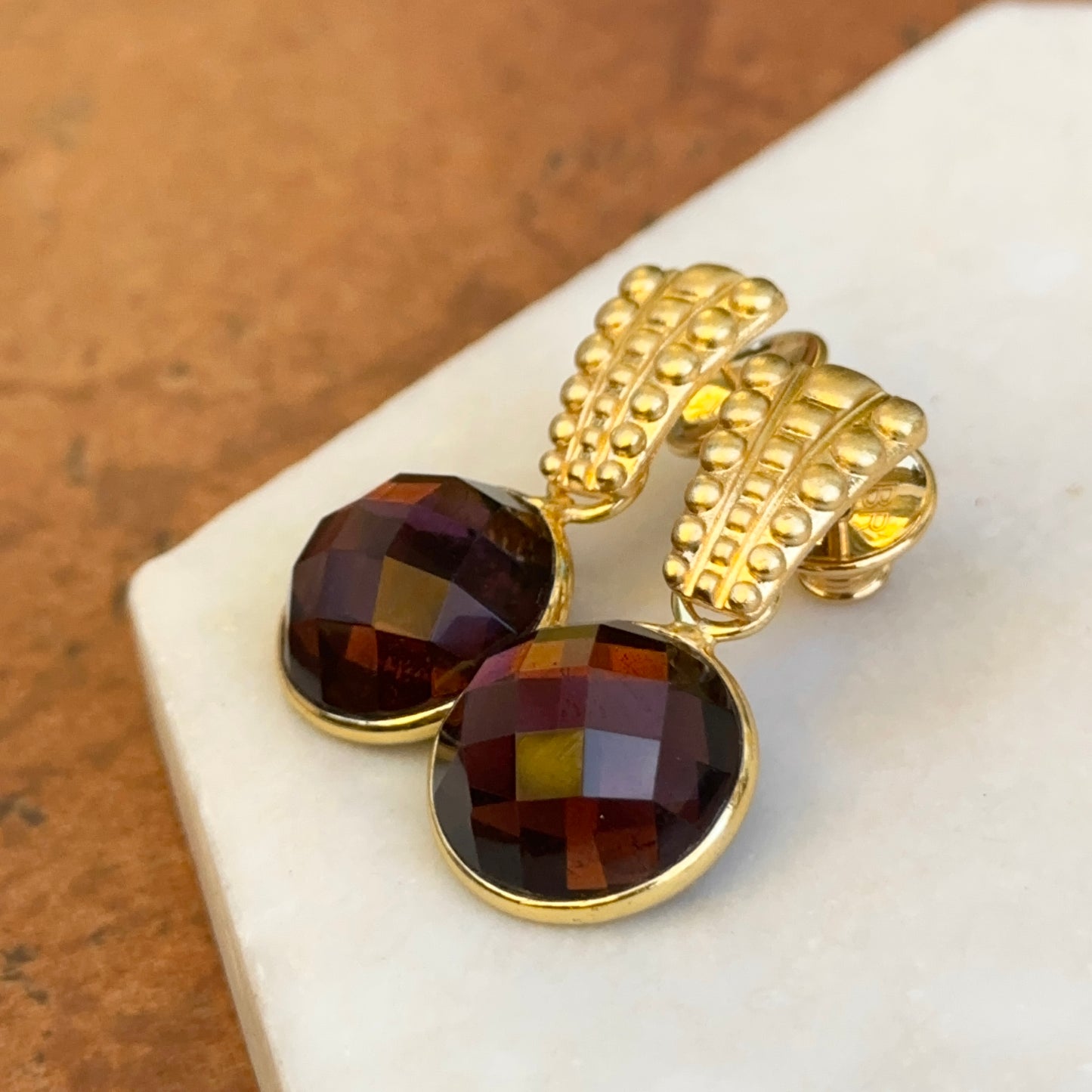 Yellow Gold-Plated Bubbled Post Drop Earrings + Red Round Checkerboard Gemstones